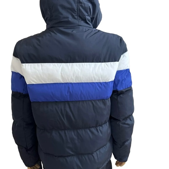 Tommy Hilfiger Hooded Wind Resistant Puffer Jacket Navy Blue White Mens Medium M - Picture 2 of 9